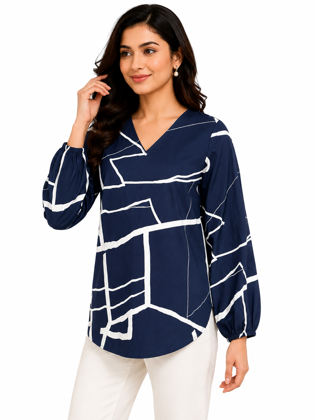 SYPPLEX Women's Navy Blue Printed V-Neck Top – Full Sleeve Casual Wear
