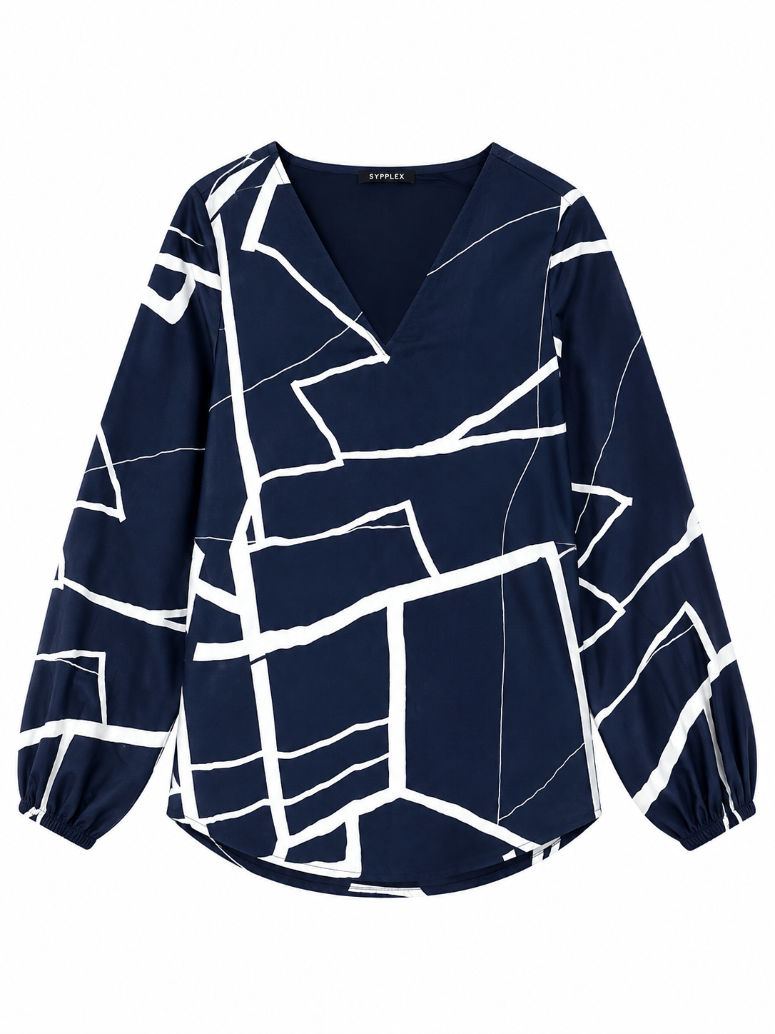 SYPPLEX Women's Navy Blue Printed V-Neck Top – Full Sleeve Casual Wear