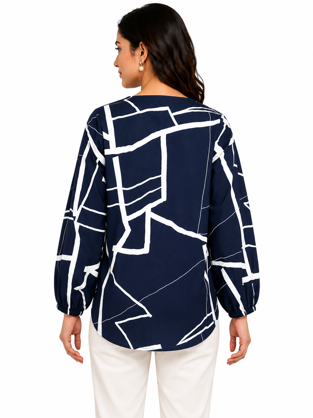 SYPPLEX Women's Navy Blue Printed V-Neck Top – Full Sleeve Casual Wear