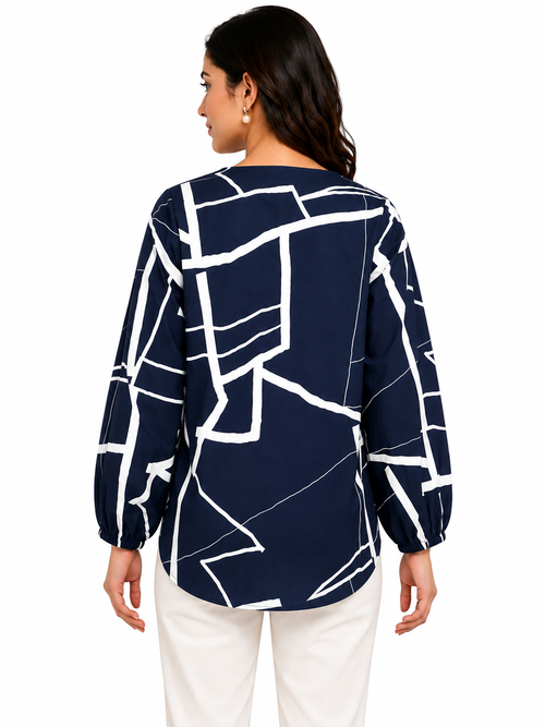 SYPPLEX Women's Navy Blue Printed V-Neck Top – Full Sleeve Casual Wear