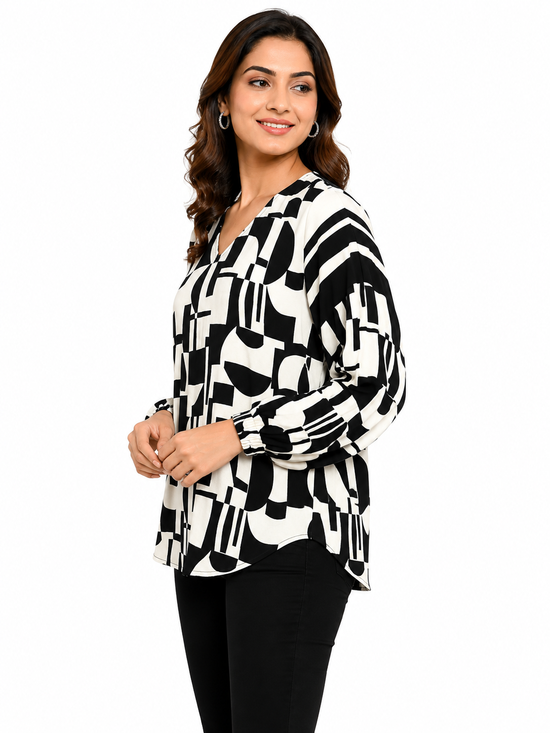 SYPPLEX Women's Abstract Print V-Neck Top | Casual Long Sleeve Blouse