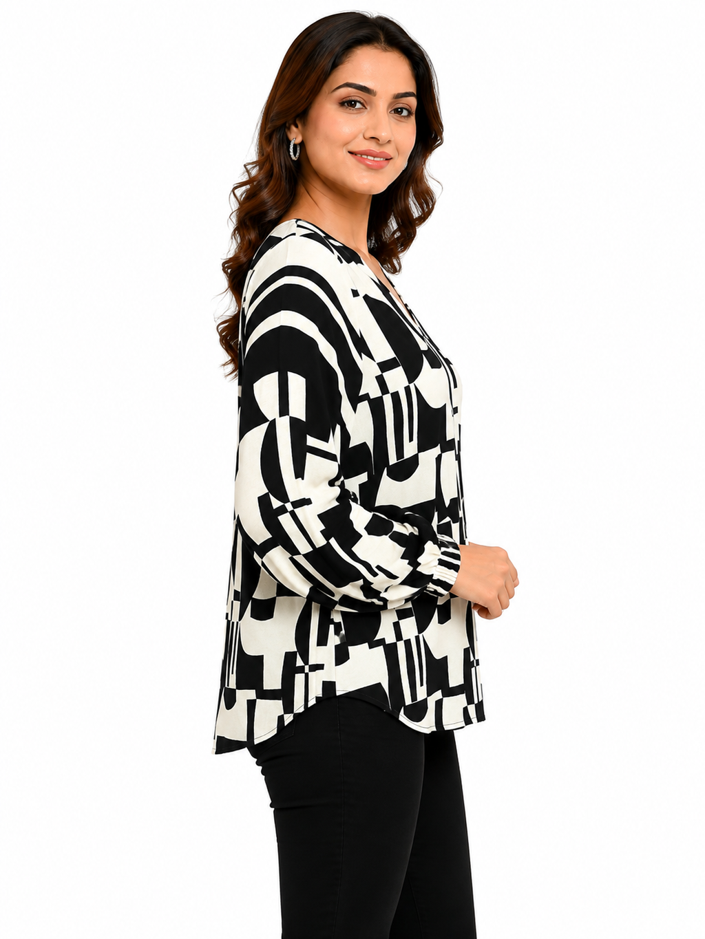 SYPPLEX Women's Abstract Print V-Neck Top | Casual Long Sleeve Blouse