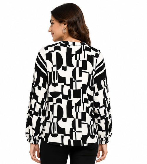 SYPPLEX Women's Abstract Print V-Neck Top | Casual Long Sleeve Blouse