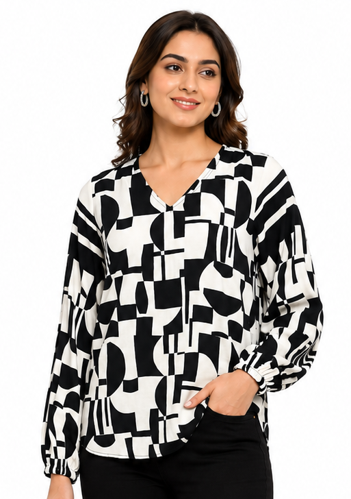 SYPPLEX Women's Abstract Print V-Neck Top | Casual Long Sleeve Blouse