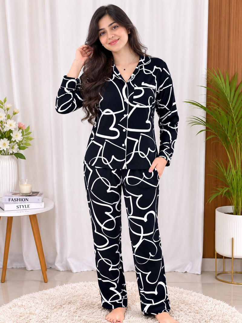 Women's Soft Cotton Blend Pajama Set | Long Sleeve Button-Down Night Suit with Full-Length Pants | Heart Print Sleepwear & Loungewear Set