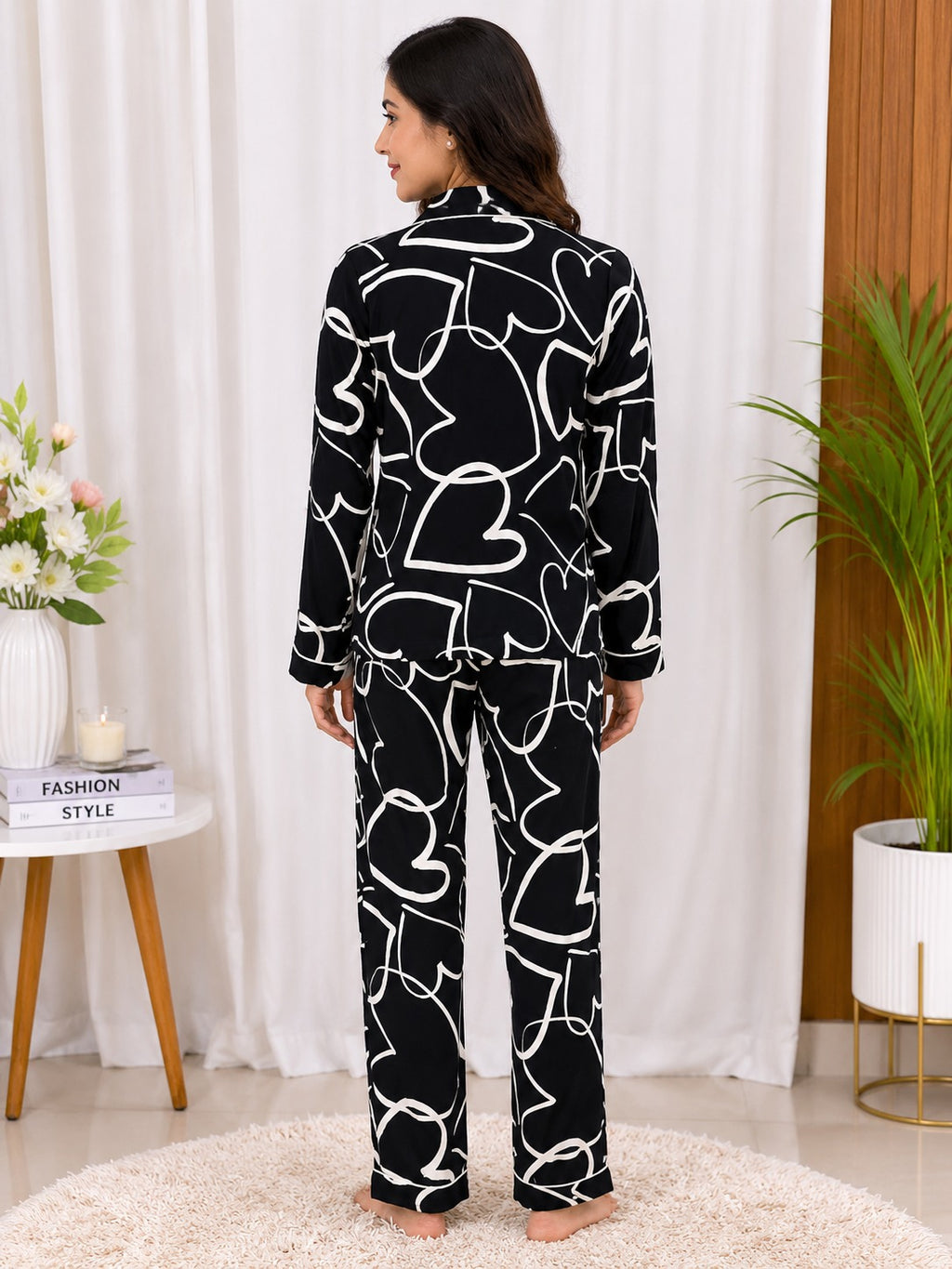 Women's Soft Cotton Blend Pajama Set | Long Sleeve Button-Down Night Suit with Full-Length Pants | Heart Print Sleepwear & Loungewear Set